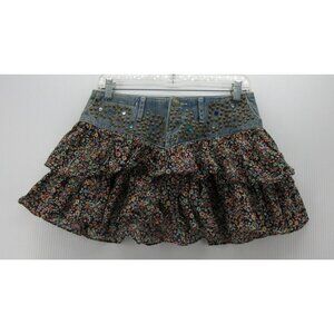 Express Skirt 2 Blue Y2K Mini Jeans Studded Beaded Tiered Festival